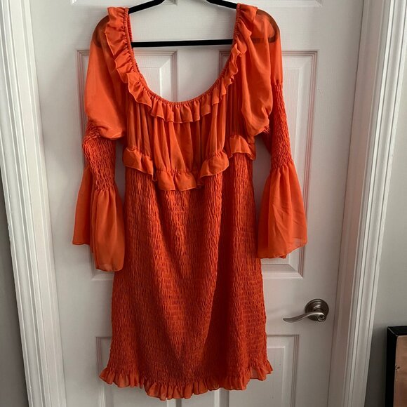 Plus Size Bright Orange Chiffon Shirred Bodycon Dress - Picture 4 of 6